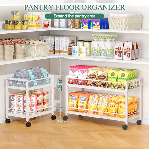 2-Tier Expandable Rolling Pantry Cart with Wheels, Adjustable Floor Organizer for Kitchen Pantry, Can Organizer for Pantry, Storage Cart for Snack, Food, Vegetables, White, Patent Pending - color: White