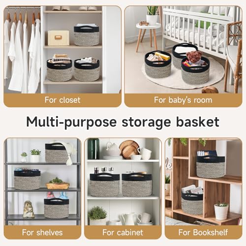 Small Rope Baskets for Storage, Baskets for Gifts Empty, Cute Round Woven Basket, Decorative Shelf Baskets 9.82×9.82×7.1", Cotton Toy Basket Storage Bins for Organizer 3 Packs-Brown+Black - color: Eight Black-3PCS