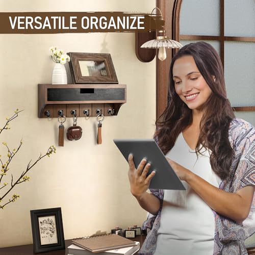 Rebee Vision Pine Wood Key Holder Wall Mount with Drawer Organizer – Decorative Mail Organizer with 6 Key hooks and Wall Shelf - Modern Room Decor for Entryway or Living Room (Brown & Black) - color: Brown & Black, style: 1-Drawer