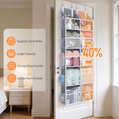 Yecaye 80lb Clear Door Hanging Yarn Storage Organizer, 10 Large Plastic Pockets & 10 Mesh Pockets Over The Door Crochet Organizer, 5 Tier Yarn Ball Storage for Knitting Needles, Gray - color: Grey