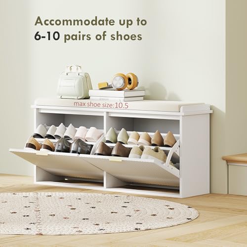HOMCOM Shoe Bench with Padded Seat Cushion and 2 Flip-Drawers, Entryway Bench Holds up to 529lb, Shoe Cabinet, 40.9x10.2x18.7 Inches, White - color: White, size: 40.9" x 10.2" x 18.7"