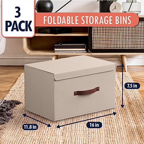 Ornavo Home 3 Pack Collapsible Storage Bins with Lid, Foldable Linen Fabric Shelf Storage Basket Closet Organizer and Large Storage Box for Clothes with Leather Handles, 16.5 x 11.8 x 7.5, Beige - color: Beige, size: XLarge - 3 Pack