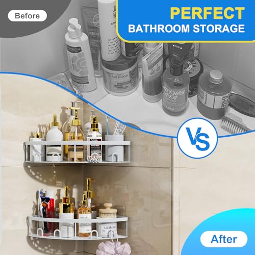 Corner Shower Caddy, 2 Pack Adhesive Bathroom Shower Corner Organizer Shelf, No Drilling Rustproof Wall Mounted Shower Storage Rack Shampoo Holder Organizer (White) - color: White