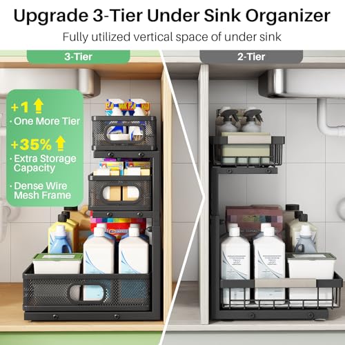 Kitstorack Under Sink Organizer, 1-Pack 3-Tier Height Adjustable Thickened Metal Pull out Cabinet Organizer Shelf, Slide out Storage Drawer Rack for Bathroom Kitchen Pantry Home Laundry Organization - color: Black, size: 1 Pack