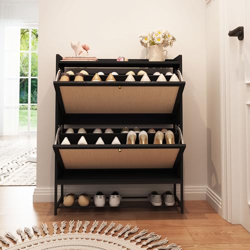 AVZEAR Narrow Shoe Storage Cabinet for Entryway with 2 Flip Drawers, Freestanding Shoe Cabinet with Natural Linen Panel, Slim Wood Shoe Organizer Closed Shoe Rack for Hallway, Foyer(Black) - color: Black, size: 2 Drawers