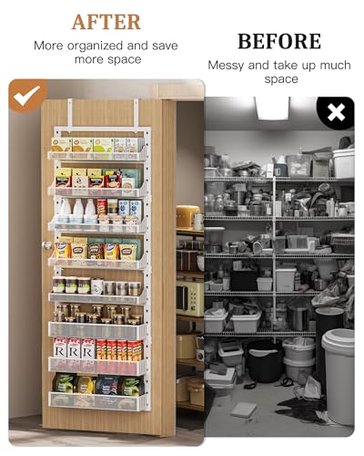 POKIPO Over the Door Pantry Organizer 8-Tier, Large Metal Door Spice Rack with Adjustable Basket, 2 in 1 Wall Mount or Hanging Heavy-Duty Pantry Door Storage Shelf for Kitchen and Bathroom, White - color: White