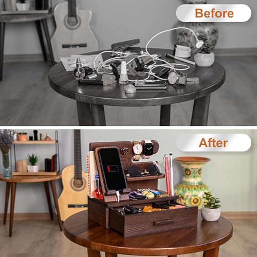 TESLYAR Wood Phone Docking Station with Drawer - Nightstand Organizer - Desk Organizer for Husband - Birthday Gifts for Men, Dad, Anniversary Idea, Key Holder Stand Watch & Accessories (Bourbon Brown) - color: Bourbon Brown