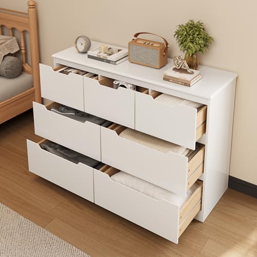Gizoon 7 Drawer Dresser, 48" Wide White Dresser for Bedroom, Chest of Drawers with Handle Free Design, Modern Storage Organizer for Living Room, Kids Room, Entryway, Hallway, White - color: White, size: 15.7"D x 47.2"W x 32.7"H (7 Drawers)