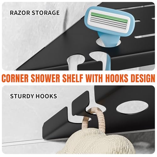 Permanent Tile-in Corner Shower Shelves with Hooks, Modern 304 Stainless Steel Shower Caddy for Bathroom Renovation & Hotel, Heavy Duty No-Drill Grout Mount Organizer for Tile Wall,10", 2 Pack - color: 2-upgraded Black