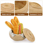 Hipiwe Round Rattan Boxes with Lid Natural Woven Storage Basket Bin Multi-Purpose Wicker Tray Weaving Decorative Shelf Basket Farmhouse Picnic Bread Fruit Table Storage Basket - size: Large，8.9"D x 4.7"H