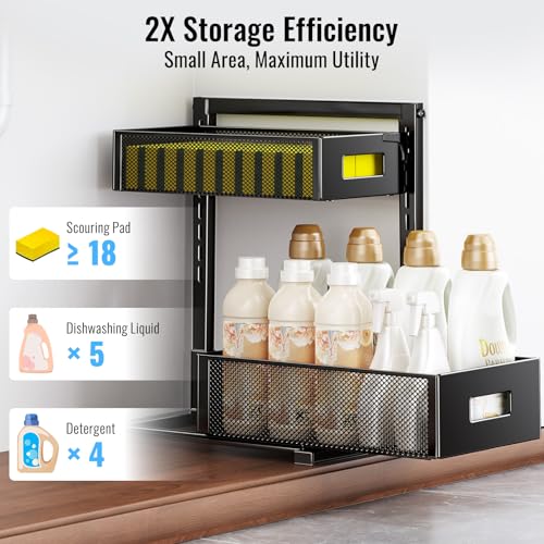 TISTAYA 2 Pack Under Sink Organizer and Storage, Metal Under Kitchen Sink Organizer, Slide Out Bathroom Organizers and Storage, Undersink Organizers for Kitchen Bathroom Cabinet - color: Black, size: XL-2PC