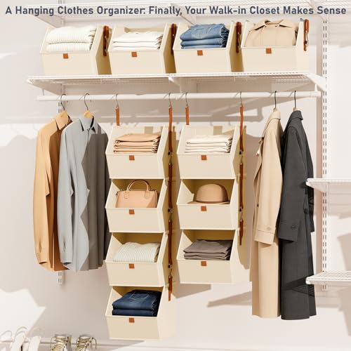 DIMJ Hanging Closet Organizer - 4 Tier Collapsible Hanging Shelves with Hooks Zipper, Fabric Clothes Organizer, Space-Saving Storage Bin Basket for RV, Bedroom, Laundry Organization - color: Beige, size: 4 Pack