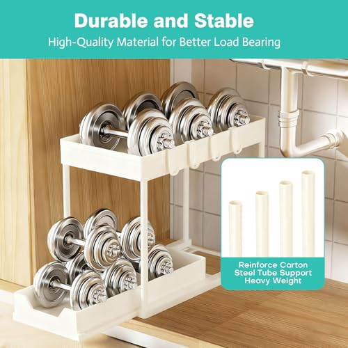Under Sink Organizers and Storage 2 Pack, Pull-Out Sliding Cabinet Organizer with 2-Tier Storage Shelf & 4 Hooks, Multi-Purpose for Kitchen & Bathroom (13 Inch, White) - color: White