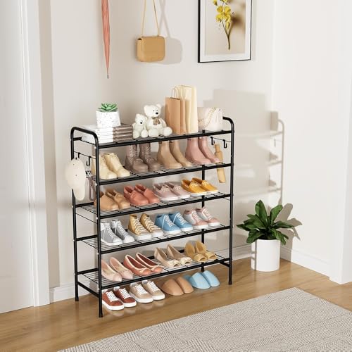 VILICK 5 Tier Shoe Rack 33" Wide Metal Shoe Organizer Long Shoe Storage with 4 Side Hooks Sturdy Shoes Shelf for Closet, Front Door Entrance, Garage, Dorm, Black - size: 5-Tier (11"x 33"x 37.8")