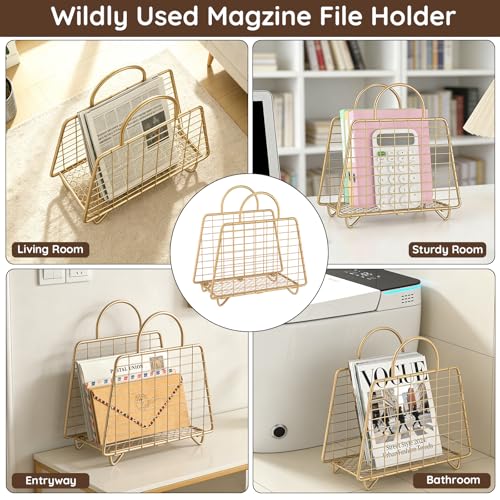 Gold Magazine Holder,Modern Magazine Rack Floor,Metal Wire Magazine Basket,Handbag Design Magazine Storage Organizer for Magazines File Book Newspaper Vinyl Record Albums - color: Gold