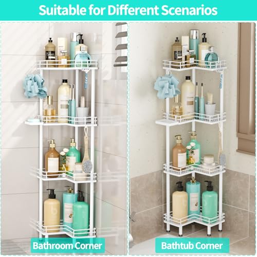 HapiRm Corner Shower Caddy Organizer - 4 Tier Shower Shelf Corner with Soap Holder, Rustproof Bathroom Standing Organizer with 4 Hooks, White - color: White, size: 4-tier