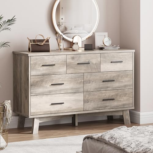 Xixini Dresser for Bedroom with 7 Drawer, Wood Modern Chest of Drawers with X-Shaped Sturdy Base, Wide Double Dresser Closet Clothes Storage Organizer, Wooden TV Stand for Living Room, Hallway, Grey - color: Grey, size: 15.6"D x 47.2"W x 29.5"H (7 Drawers