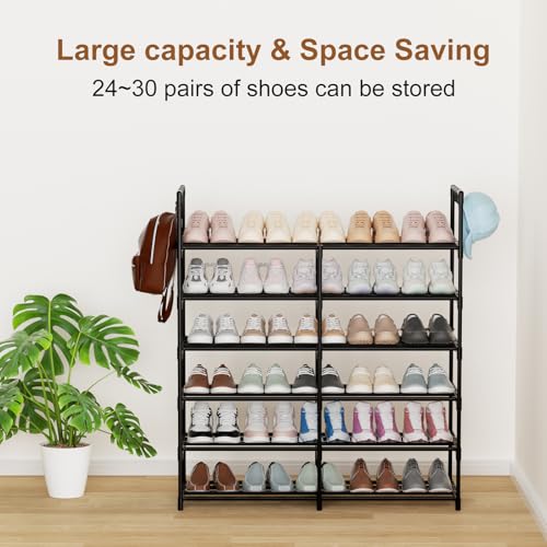 2-Row 6-Tier Stackable Shoe Rack, Black Metal Shoe Shelf with Multifunctional Hooks, Hold 24-30 Pairs, Space Saving Shoes Organizer for Closet,Show Rack - size: 2 Row 6 Tier