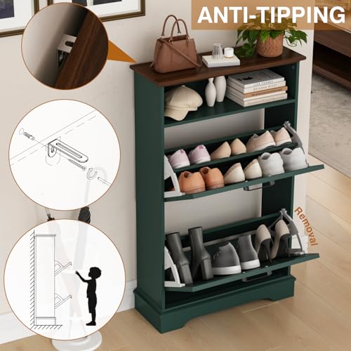 Shoe Storage Cabinet with 2 Flip Drawers, 24" W Farmhouse Modern Hidden Shoes Rack Cabinet with Adjustable Shelves & Open Storage, Narrow Slim Shoe Organizer for Front Door Entrance, Entryway, Green - color: Green, size: 2-Drawers