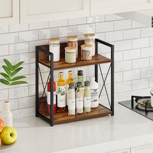 Giikin Kitchen Counter Shelf, Kitchen Countertop Organizer, 2 Tier Spice Rack for Counter, Wood Coffee Bar Organizer for Coffee Station (Brown, L) - color: Brown, size: Large