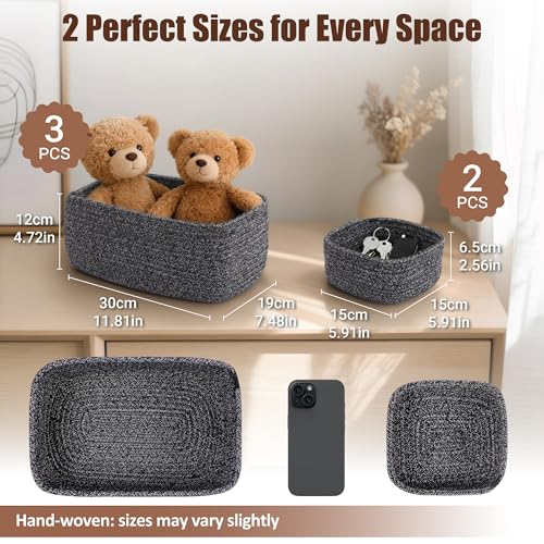 5-Pack Small Woven Rope Storage Baskets – 2 Sizes Organizer Bins for Closet, Shelf, Bookshelf, Nursery, Changing Table, Fabric Cube Boxes, Rectangular Shallow Bins for Bathroom, Toy & Home - color: Grey
