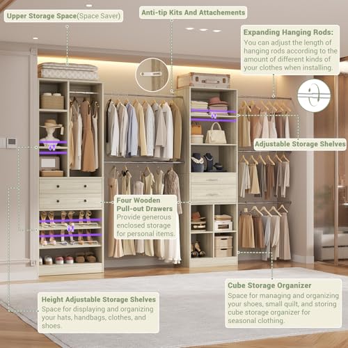 Besiost Closet System, Up to 128.6"/10.7 FT Closet Organizer with 4 Wooden Drawers and Shelves, Walk-in Closet System with 6 Hanging Rods, Built-in Closet Can Fit 96"/8FT, 120"/10FT, Greige Oak - color: Greige Oak, size: Style B: 72"—128.6"(W)