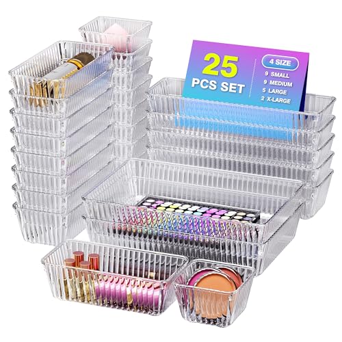 25 PCS Clear Plastic Drawer Organizer Set - 4 Sizes Makeup Organizer Desk Drawer Divider Bathroom Organizers and Storage Bins for Makeup, Jewelry, Gadgets, Office, Kitchen, Bedroom, Bathroom