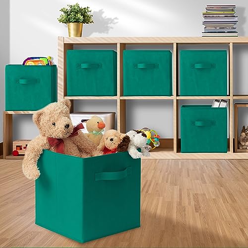 Casafield Set of 6 Collapsible Fabric Cube Storage Bins, Teal - 11" Foldable Cloth Baskets for Shelves, Cubby Organizers & More - color: Teal, size: 10.5" x 10.5" x 11"
