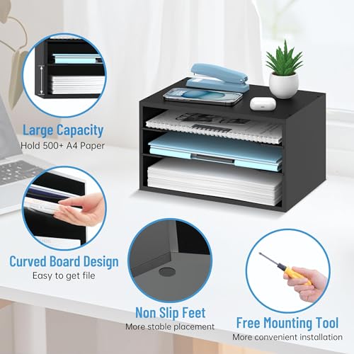 Wood Desk Organizer, 3 Tier Paper Tray Organizer for Desk with Adjustable Storage Shelves, Printer Stand Desktop File Organization Paper Sorter Mail Holder for Office Home Classroom, Black - color: Black, size: 3 Tier