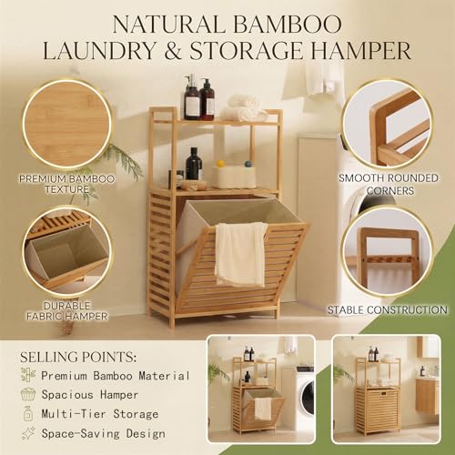 Baveke Laundry Hamper with 2-Tier Shelves & Tilt Out Basket, Laundry Baskets Organizer Hampers Bathroom Storage Shelf for Laundry Room, Bathroom, Nursery, Bedroom, Guest Room (FSC-Certified Bamboo) - color: Natural, size: YSJ01-2T