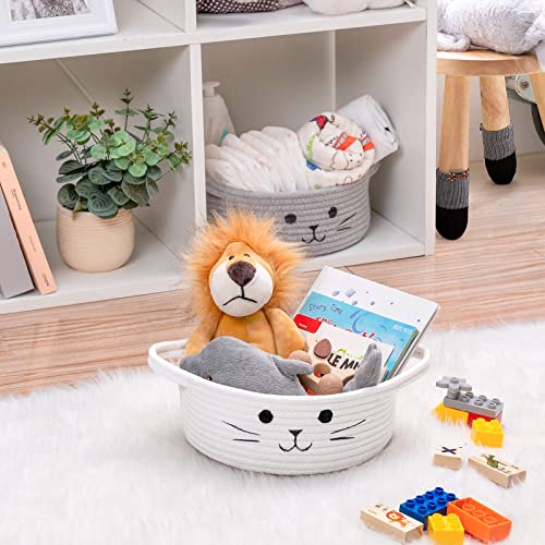 Small Woven Basket, Cute Cat Toy Basket for Living Room, Decorative Nursery Bin for Toys, Diapers, Empty Gift Baskets for Baby, White, 9.8 x 4 inches - color: White, size: 9.8"W x 4"H