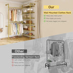 L2 Wall Mounted Closet System, Industrial Pipe Clothing Rack Clothes Racks with 2 Telescopic Rod & 6 Shelves, Heavy Duty Closet Organizers System in Wardrobe Closet, Gold - color: Gold