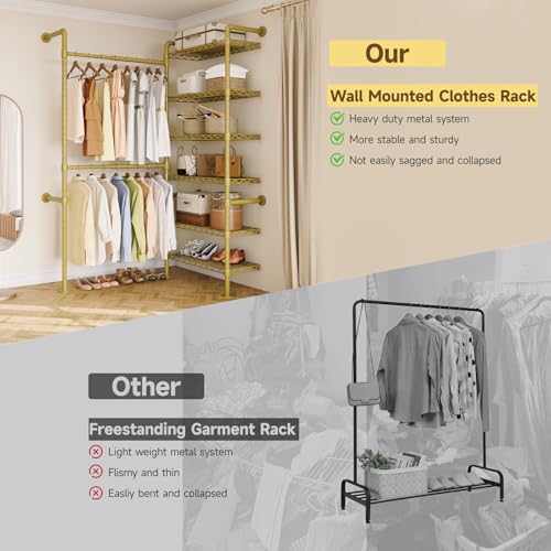 L2 Wall Mounted Closet System, Industrial Pipe Clothing Rack Clothes Racks with 2 Telescopic Rod & 6 Shelves, Heavy Duty Closet Organizers System in Wardrobe Closet, Gold - color: Gold