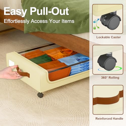 GoMaihe Under Bed Storage with Wheels: 48L Underbed Storage Containers with Lids - Rolling Bins for Shoes Clothes in Dorm Bedroom - Metal Drawers Easy Pull-out Beige 2-Pack - color: Beige, size: Large(2Pack)