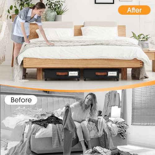 SpaceHacks Under Bed Storage with Wheels 2Pack Storage Containers with Clear Window&Label Under Bed Drawers Rolling Under Bed Storage for Clothes,Shoes, Blankets (30.71 x 16.93 x 6.69 in, Black) - color: Black, size: 2 pack