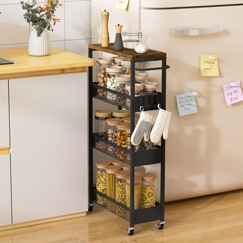 Vincona Slim Rolling Utility Cart, 4 Tier Metal Narrow Storage Cart with Handle and Wood Top, Multifunctional Small Mobile Shelf Unit Organizer Trolley for Laundry, Bathroom, Kitchen - color: Black, size: 7.1" wide