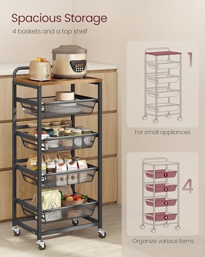 VASAGLE Storage Rolling Cart with Pull-Out Baskets, 5-Tier Utility Cart Orgnizer with Wheels for Laundry Room, Kitchen, Handle, 12.5 x 15.8 x 37.4 Inches, Rustic Brown and Ink Black ULRC041K01 - color: Rustic Brown + Ink Black, size: 5 Tiers