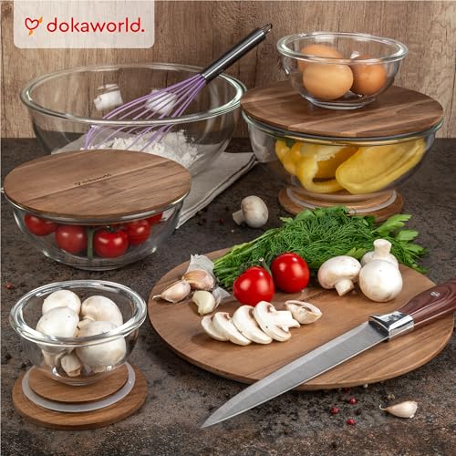 Set of 5 Nesting Glass Bowls with New Updated Acacia Lids for Foodprep, Storage, Mixing & Cooking - Microwave & Oven-ready BPA Free Durable Heat Resistant Inert Borosilicate Glass - color: 5 Mixing Bowls with Acacia Lids