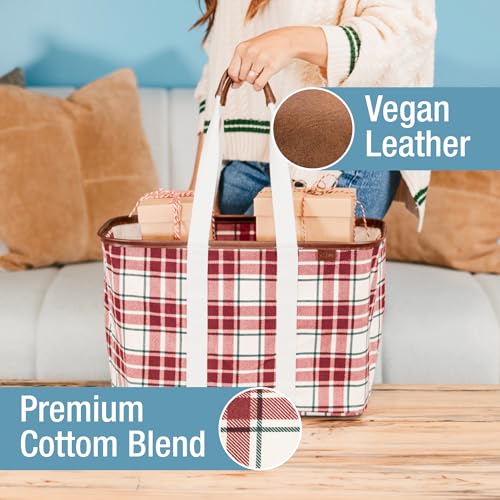 CleverMade Collapsible LUXE Tote - Reusable Grocery Shopping Storage Bag Organizer w/Handles Reinforced Bottom - color: Red Checker