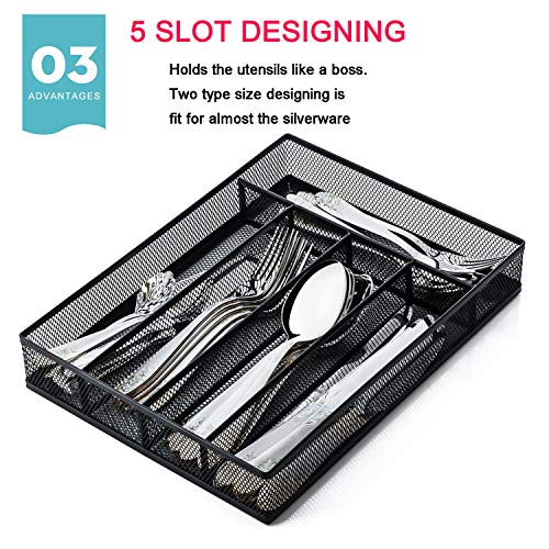 JANE EYRE Utensil Drawer Organizer, Cutlery Tray Silverware Flatware Storage Divider for Kitchen, Mesh Wire with Non-slip Foam Feet, 5 Component, Black - color: Black