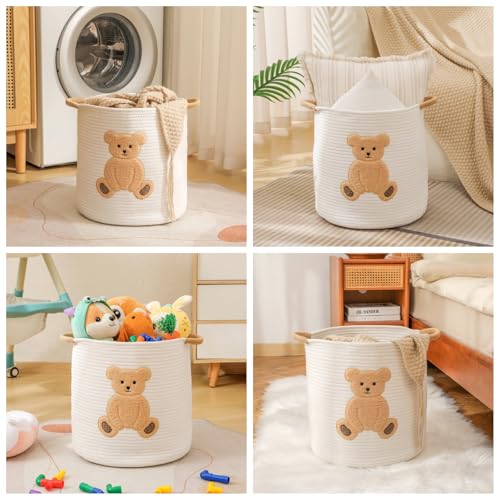 Large Blanket Baskets for Living Room, Teddy Bear Baskets Toy Storage Basket Woven Cotton Rope Basket for Kids, Toys Organizer Clothes Hamper with Embroidery, Teddy Bear Nursery Decor ( Large ) - color: Bear, size: Large