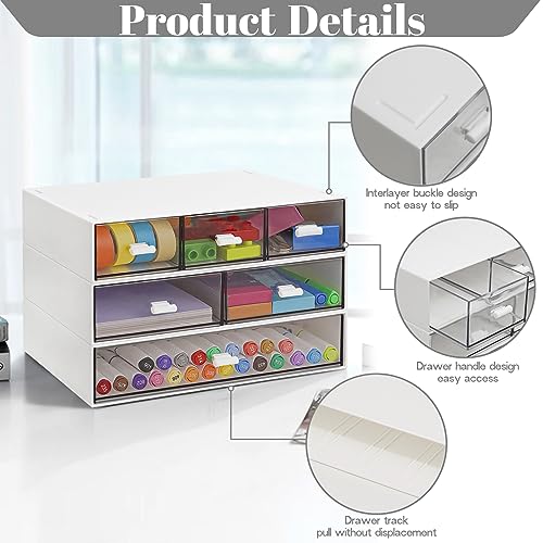 3 Tier Stackable Desk Organizer with 6 Drawers, YOCOMEY Plastic Desktop Storage Box Drawers, Detachable Makeup Storage Office Stationery Supplies Organizer for Office School(New White) - color: New White