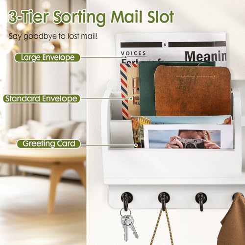 Key Holder Wall Mount, Key and Mail Holder for Wall with 6 Key Hook and Double Shelf, Mail Organizer Wall Mounted with 3-Tier Sortable Mail Slots, Key Rack for Entryway and Home Decor (White)