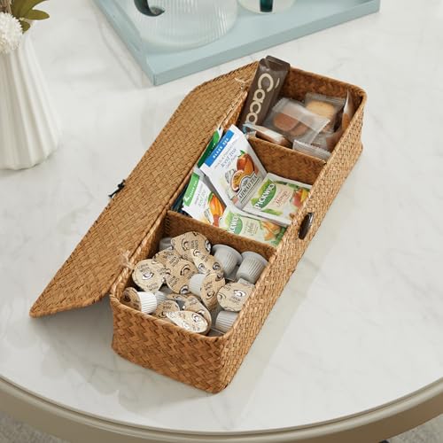 Nonam Seagrass Storage Small Basket with Lid - 3-Section Divided Organizer for Tea,Sugar,Coffee,Tampons - Woven Shelf Bin for Closet, Toilet Tank - Rectangular Narrow Boho Basket Home Decor - color: Small Natural
