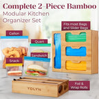 Bamboo Food Storage Bag Organizer for Drawer with Foil & Plastic Wrap Dispenser – 4 in 1 Premium Kitchen Drawer Organizer for Gallon, Quart & Sandwich Bags