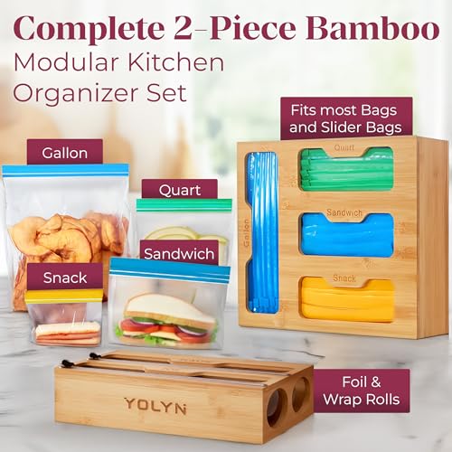 Bamboo Food Storage Bag Organizer for Drawer with Foil & Plastic Wrap Dispenser – 4 in 1 Premium Kitchen Drawer Organizer for Gallon, Quart & Sandwich Bags