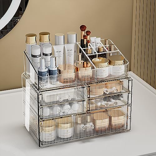 ZHIAI Stackable Organizer, Acrylic Cosmetic Organizer for Dresser, Vanity, Kitchen Cabinet, Bathroom, Under Sink, Home Organization and Storage (1 Top 5 Drawers) - color: (1 Base, 4 Drawers) with Top