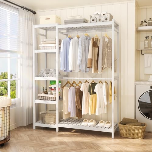 Homykic Closet System Set of 2, Bamboo Clothing Rack for Hanging Clothes with 14 Adjustable Shelves & 4 Rods, Freestanding Clothes Rack with 4 Hooks, Open Wardrobe Organizer Garment Rack, Pure White - color: Pure White, size: 2-Pack