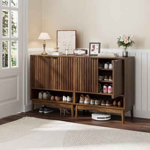 Kiasthome Shoe Storage Cabinet with Adjustable Shelves, Wooden Shoe Organizer, Shoes Rack for Entryway, Hallway, Living Room (Walnut, 27.56" W) - color: Walnut, size: 27.56" W
