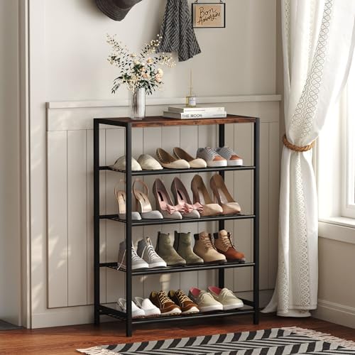 Yusong Shoe Rack Organizer, 5 Tier Industrial Shoe Storage Shelf, Narrow Sturdy Metal Shoe Shelves for Closet Entryway, Rustic Brown - color: Rustic Brown, size: 5 Tier
